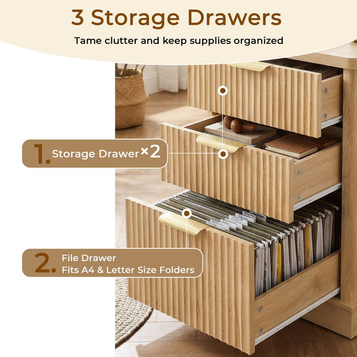 Fluted L-Shaped Desk With Charging Station & Storage Cabinet