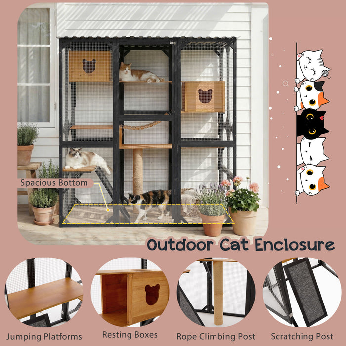 Outdoor Cat Enclosure With Sleeping Houses, Jumping Platforms, Scratching Post
