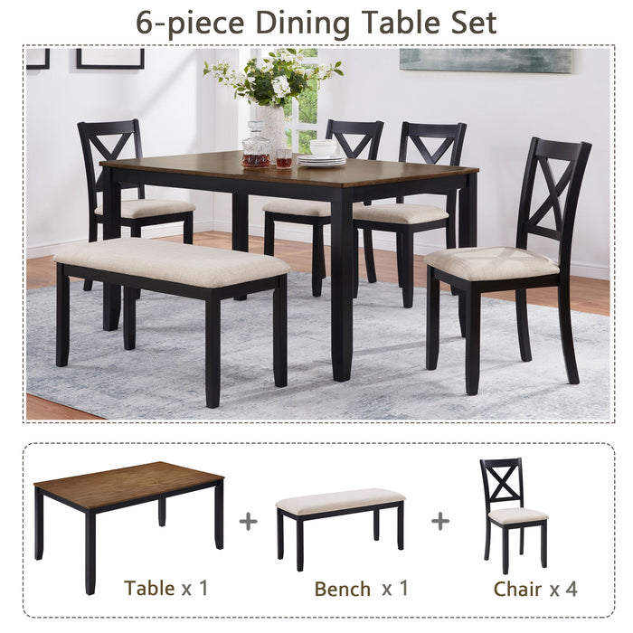 6 Piece Dining Table Set With Bench - Beige / Black / Oak