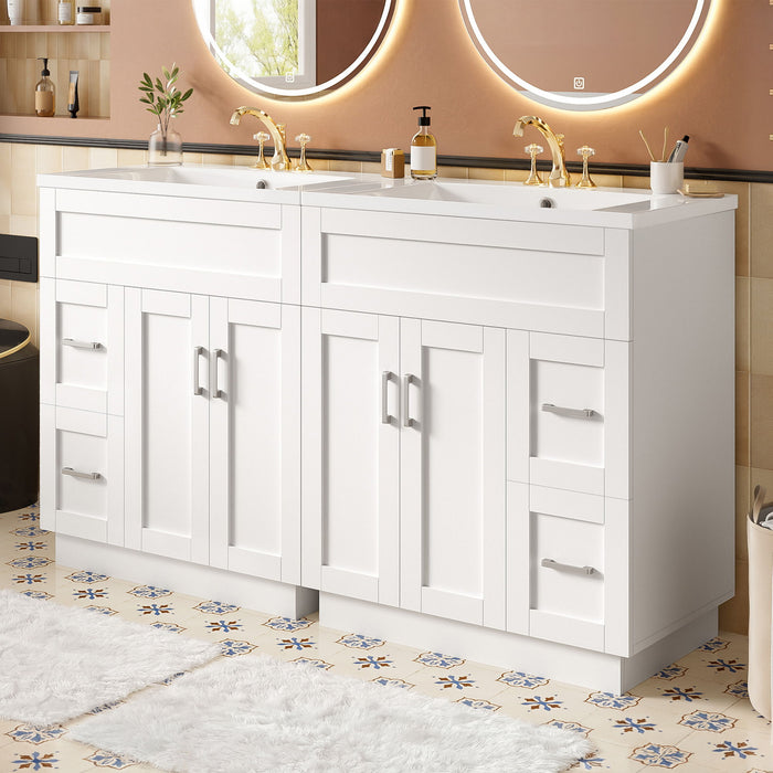 Bathroom Vanity With 4 Cabinet Doors, 4 Drawers, Dual Sinks, Hidden Soft Close Slides And Hinges - White