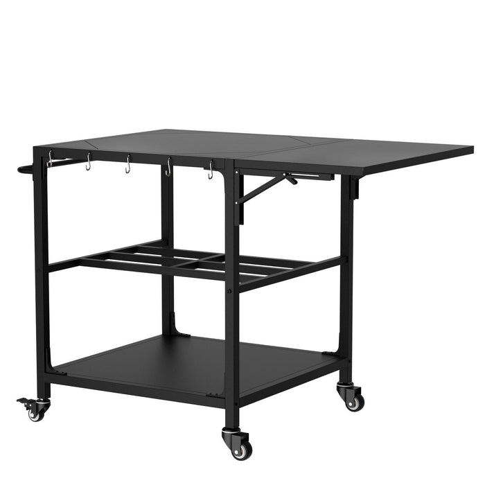Outdoor Grill Table, Prep Cart With Wheels, Storage Shelf And Hooks - Black