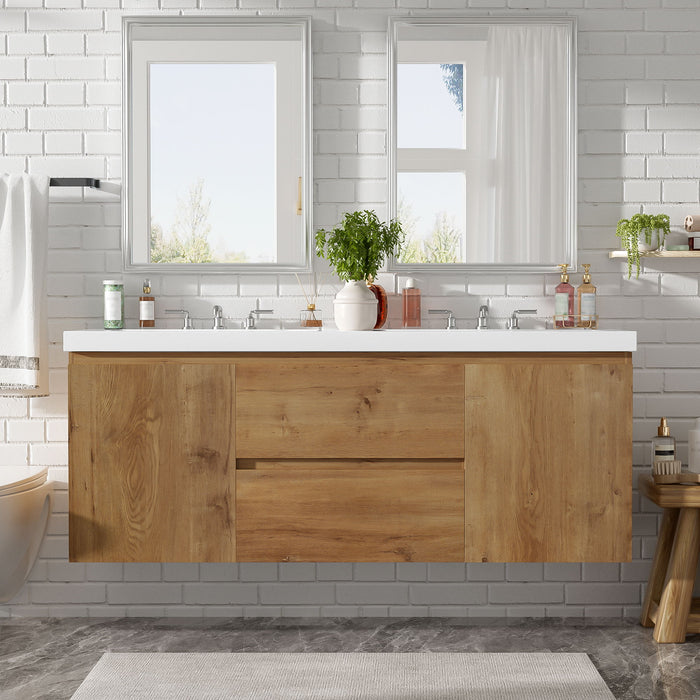Double Sink Bathroom Vanity, Cabinet & Soft Close Doors, Divided Drawers, Wall Mounted Storage - Wood