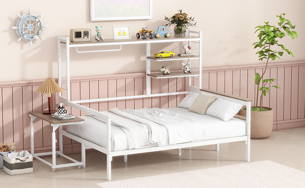 Daybed With Movable Desk, Grid, Shelves And Clothes Hanger