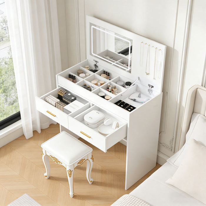 Flip Top Vanity Desk With LED Mirror & Outlet Makeup Table With 2 Drawers, Open Storage, And Jewelry Hooks - White