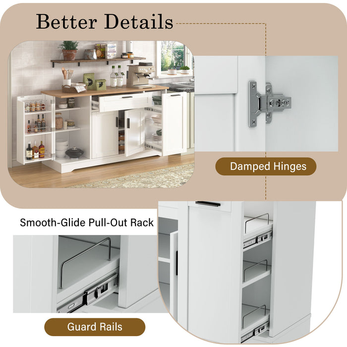 Sideboard With Extendable Table, Adjustable Shelves, 3 Tier Pull Out Rack - White