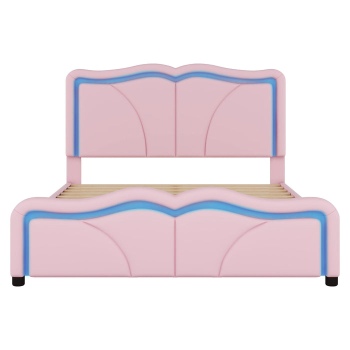 Upholstered Platform Bed & Curve Shaped And Height Adjustable Headboard, LED Light Strips