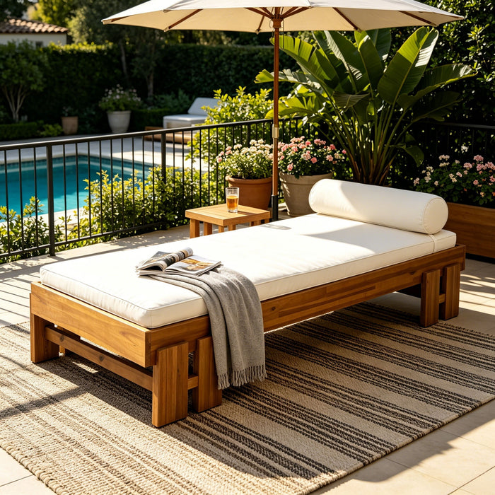 Daybed With Cushion & Pillow, Low Profile Design For Indoor / Outdoor Use - Cream / Teak
