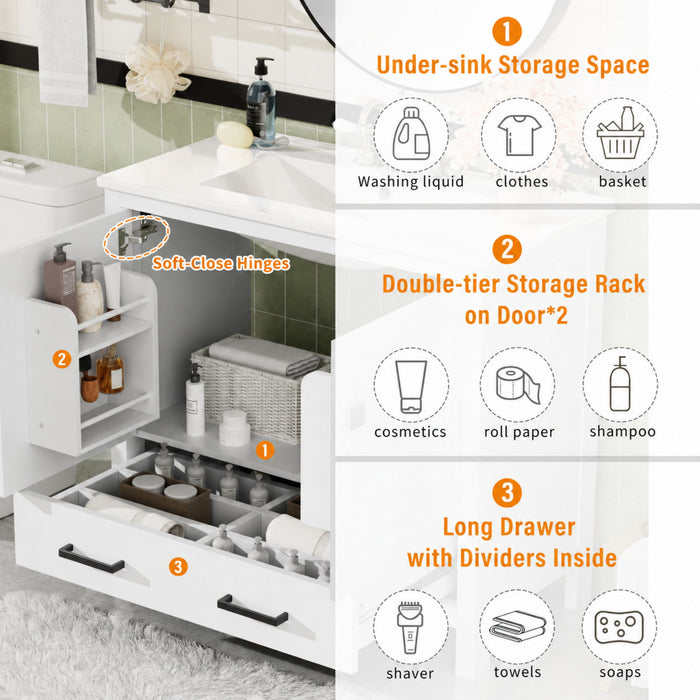 Bathroom Vanity With Sink, Soft Close Doors, Double Storage Shelves & Divided Drawer Ample Storage - White