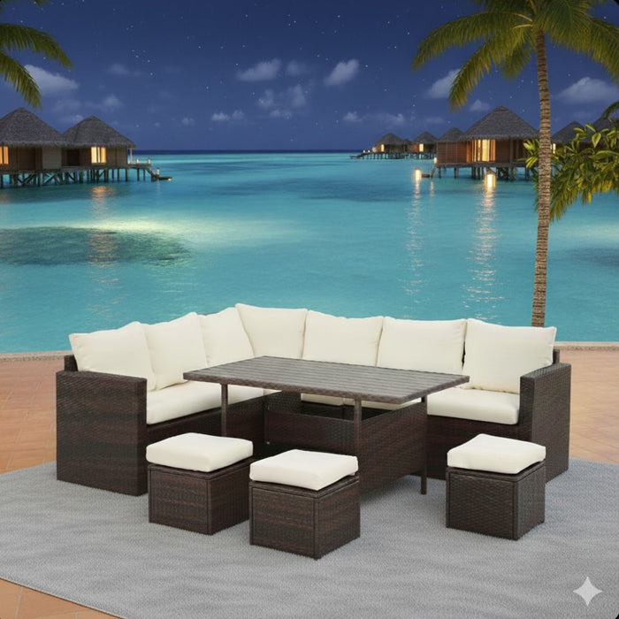 7 Piece Outdoor Dining Set With Cushions, Modular Sectional Sofa And Table