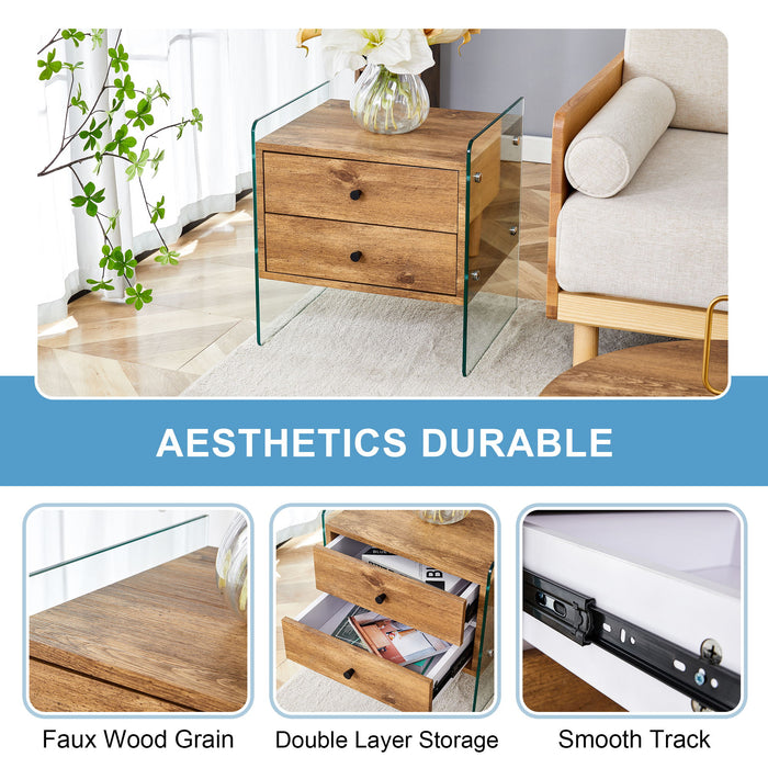 Double Drawer Bedside Table - Wood