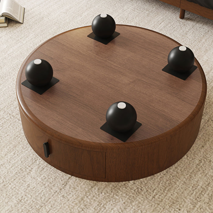 Round Coffee Table With Ball Feet, Pull Handle Storage Drawer - Bouguer Walnut / Brown