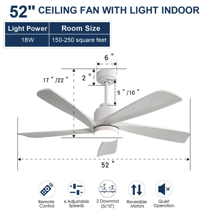 52" Ceiling Fan With Dimmable LED Light, 5 Blades, Reversible DC Motor, Smart Remote Control - White