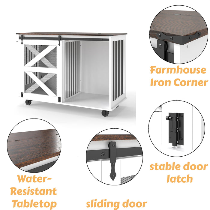 Mobile Dog Crate With Flip Top Feeding Door, Dual Access & 5 Caster System (2 Locking) - Brown White