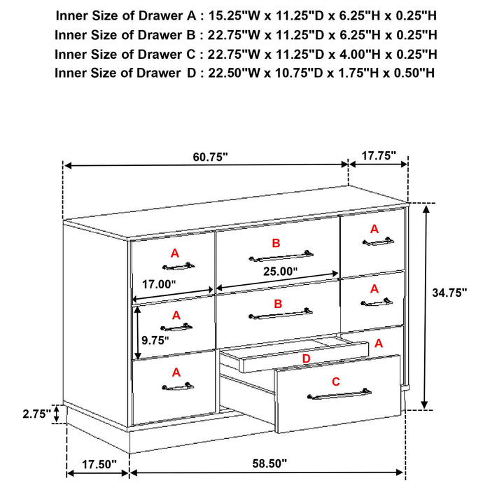 Edmondson - 9 Drawer Dresser With Hidden Jewelry Tray - Natural / Gray