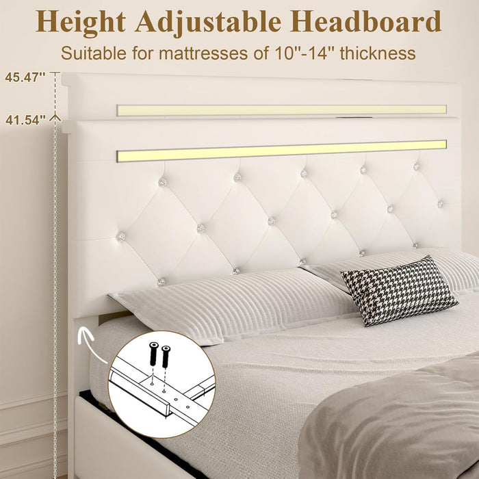 Upholstered Bed Frame With LED Lights, 4 Storage Drawers, Charging Station