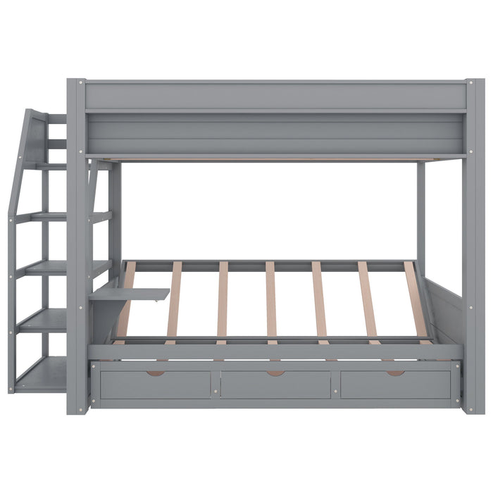 Wood Full Size Convertible Bunk Bed With Storage Staircase, Bedside Table, And 3 Drawers - Gray