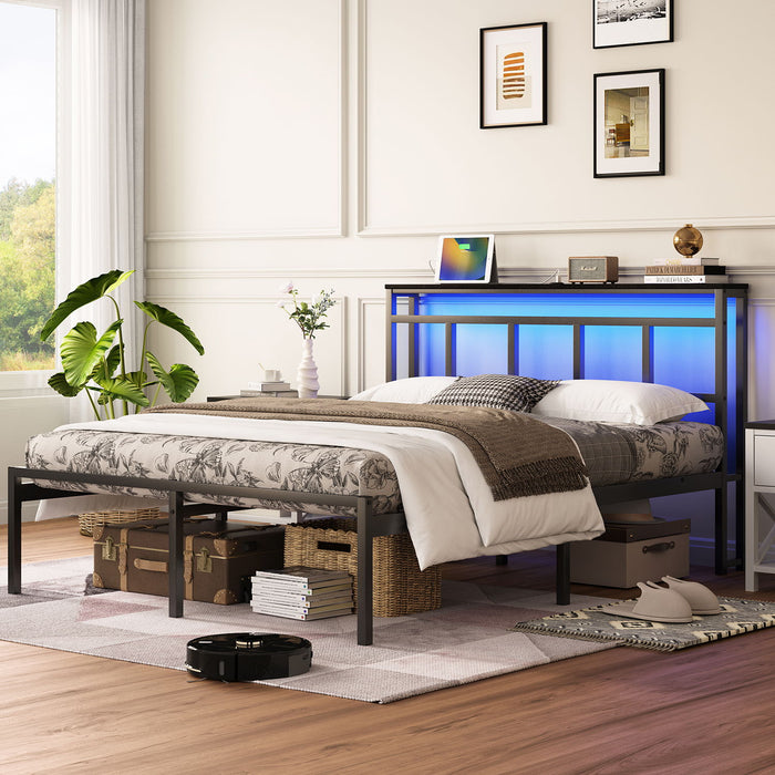 Bed Frame With Storage Headboard With USB C, Type C And LED Light