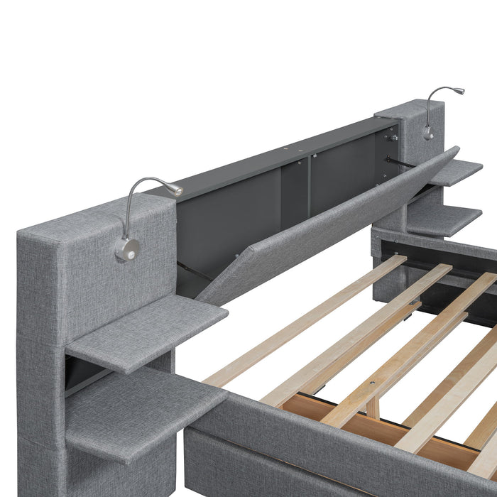Upholstered Platform Bed With Reading Lights, Drawers, Trundle And Shelves