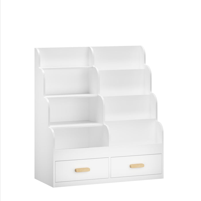 Bookshelf With 2 Storage Drawers, Front Facing Bookcase And Toy Organizer, Multi Tier Reading Shelf - White