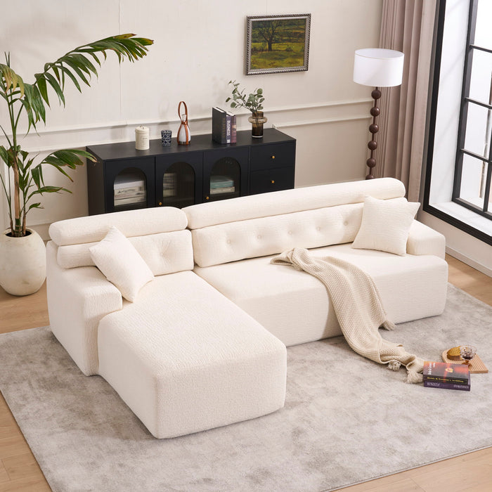 Ly 029B Convertible Chaise Sectional Sofa Full Compression Sponge Modular Couch Cloud 3 Seater Wood Grain Chenille 2 Pillows - Antique White