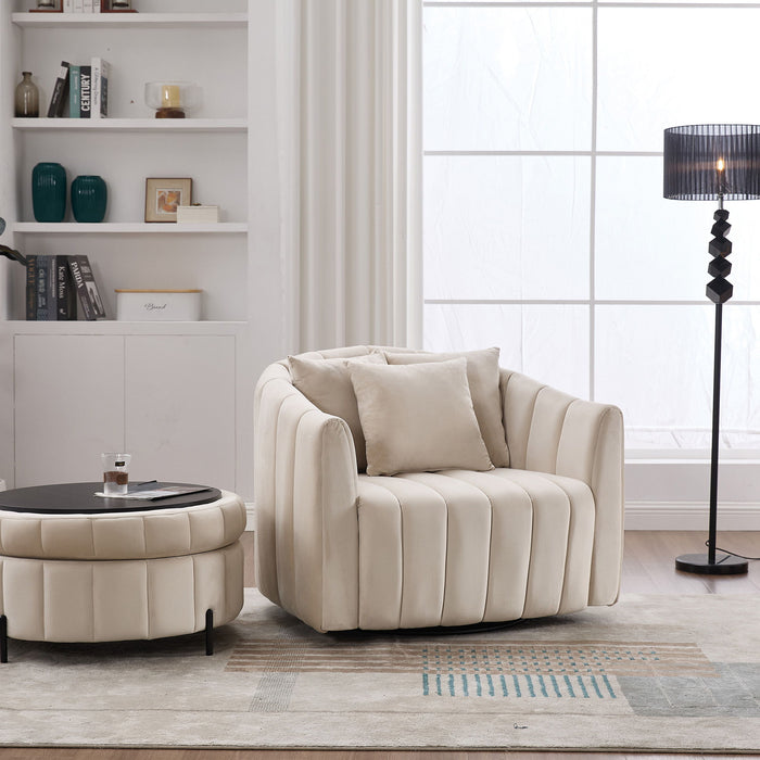 Oversized Velvet Swivel Barrel Accent Chair And Ottoman Set With Storage