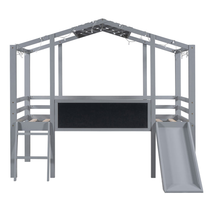 Loft House Bed With Ladder And Slide, With Blackboard And Light Strip On The Roof
