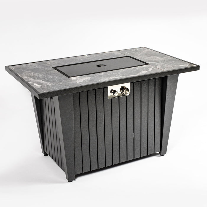 Morden Steel Fire Pit Table With Marble Tile Tabletop, Glass Wind Guard And Lid