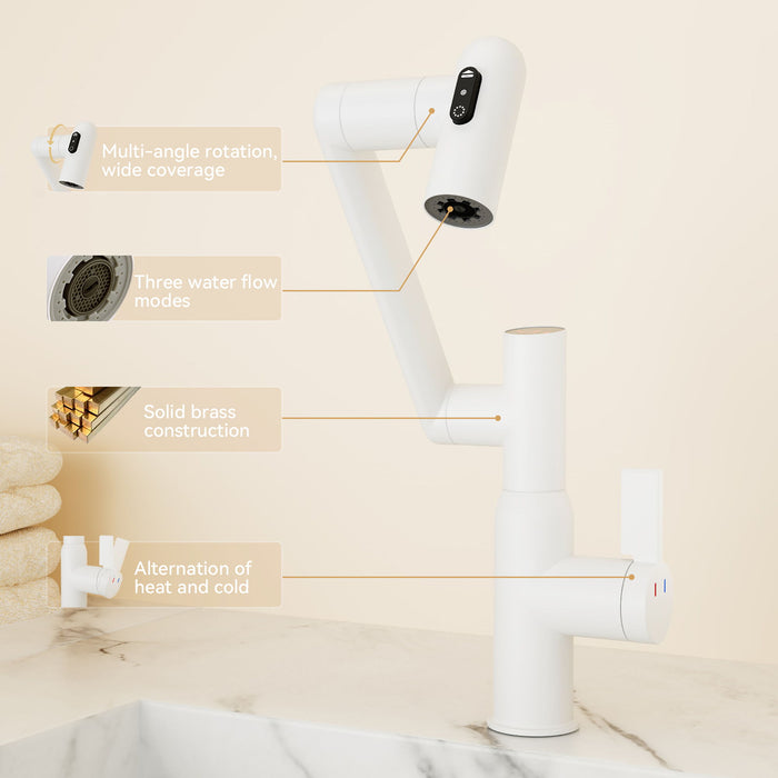 Bathroom Sink Faucet With Spray Function And Temperature Display, Anti Skid Switch, 360 Degree Rotary