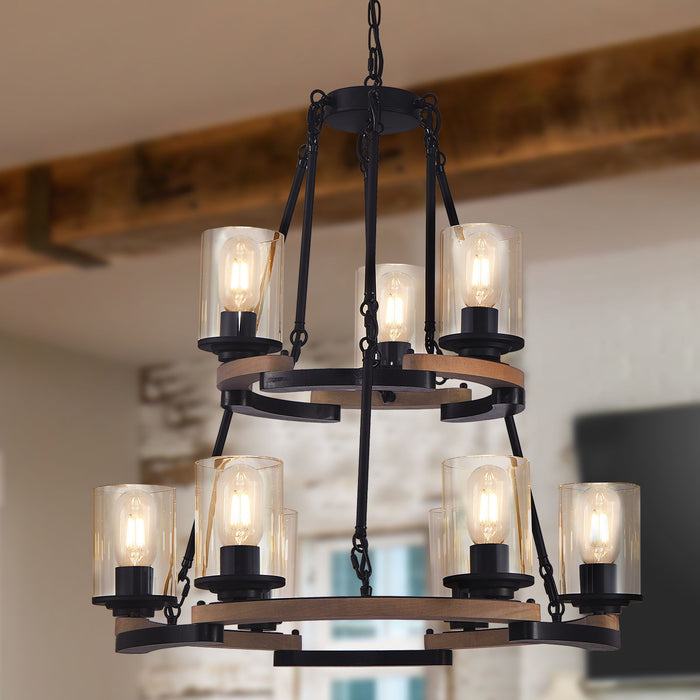 Wagon Wheel Chandelier, Ceiling Light With Adjustable Height - Black / Brown