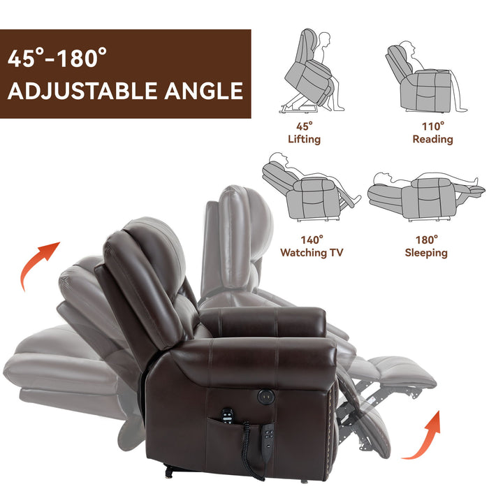 Power Lift Recliner Chair Heat Massage Dual Motor Infinite Position With USB Ports - Antique Brown