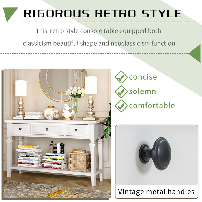 Classic Retro Style Console Table With 3 Top Drawers And Open Style Bottom Shelf - Antique White