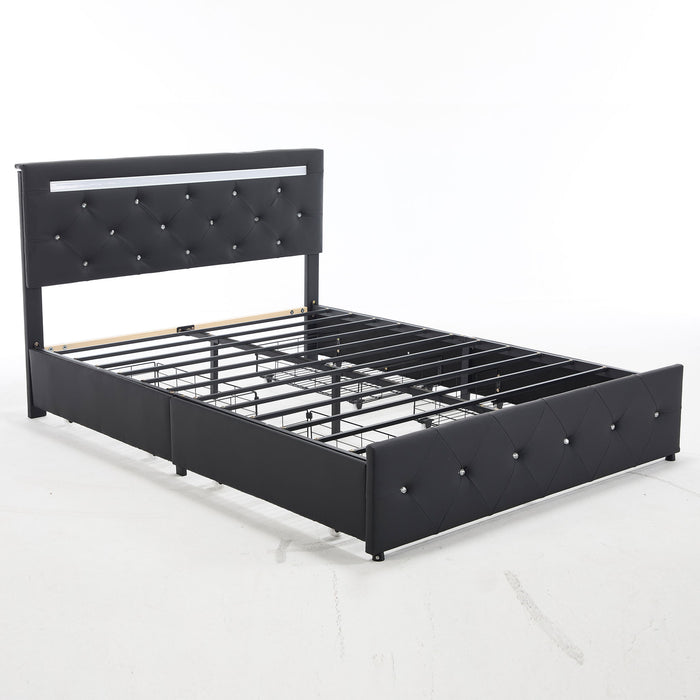 Upholstered Bed Frame With LED Lights, 4 Storage Drawers, Charging Station