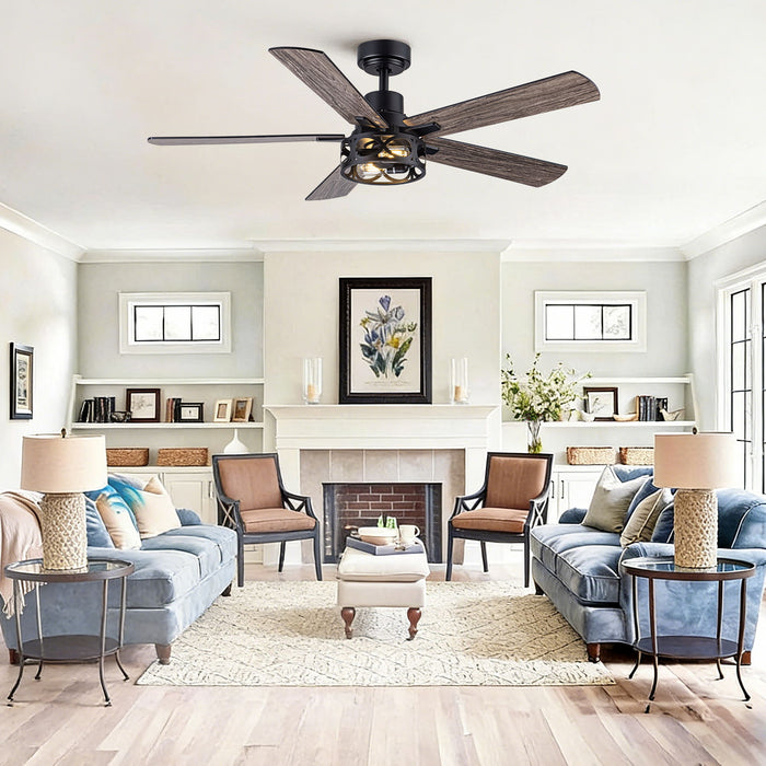 Ceiling Fan With Light, Dual‑Sided Matte Black & Wood Grain Blades - Black