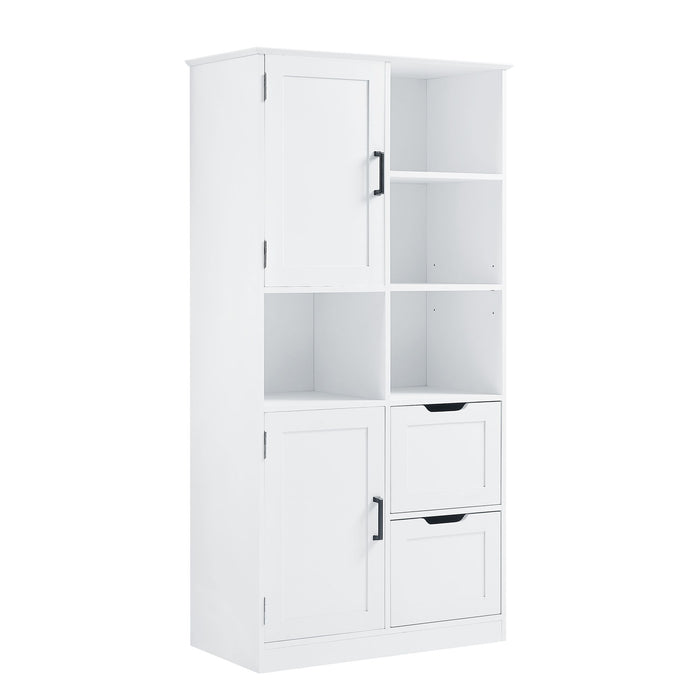 Freestanding Bathroom Storage Cabinet With Doors And Drawers, Adjustable Shelf, Open Shelves - White