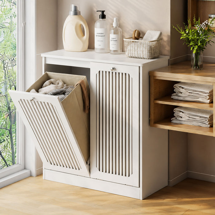 Louvered Flip Top Laundry Cabinet With Dual Fabric Baskets - White