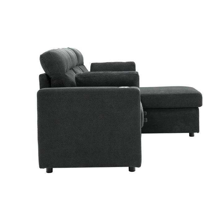 Convertible L - Shaped Sectional Sofa Bed With Storage Chaise, Cup Holders