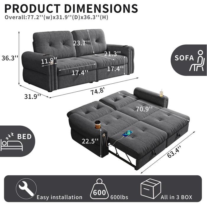2 In 1 Convertible Sofa Bed For Living Room - Dark Gray - Fabric