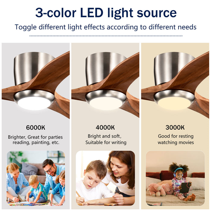 Flush Mount Fan Light, 3 Blades Ceiling Fan With Lights Remote Control, Quiet DC Motor, 6 Speed - Nickel