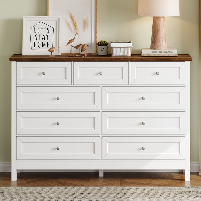 Rustic Storage Dresser With 9 Drawers And Silver Handle