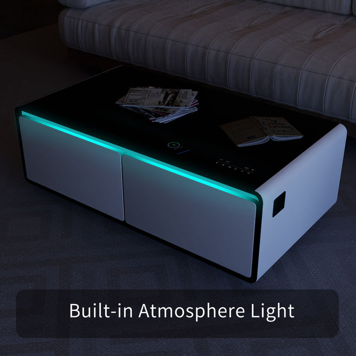 Modern Smart Coffee Table With Built-In Fridge, tooth Speaker, Wireless Charging Module, Touch Control Panel, Power Socket, USB Interface, Outlet Protection, Atmosphere Light