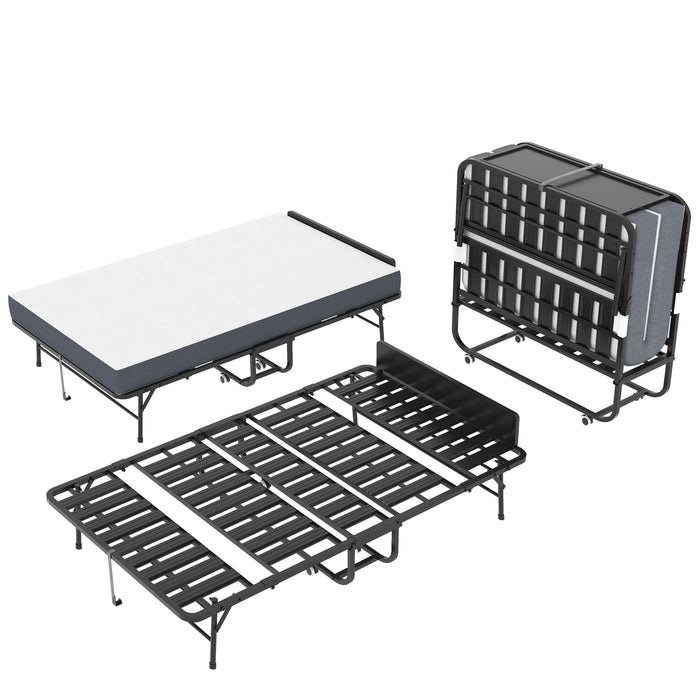 Twin Adjustable Headboard Folding Bed With Memory Foam Mattress, Heavy-Duty Frame Cot For Tall People, Portable Guest On Wheels - Black