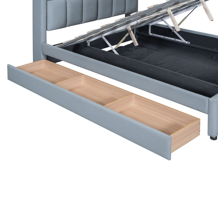 Upholstered Mother & Child Bed With Hydraulic Storage System, Drawer Box, Bedhead Storage Shelf And 2 Pairs Of Sockets & USB Ports