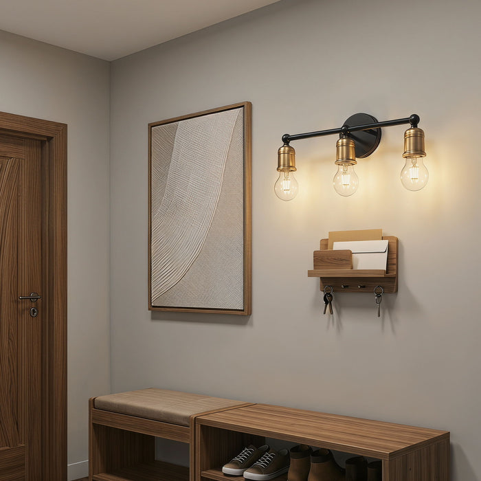 3 Light Wall Sconce, Vanity Light, No Bulbs Included - Black / Gold