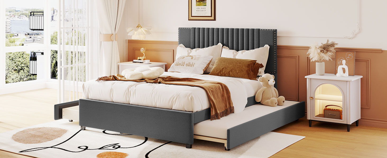 Upholstered Platform Bed With Drawers, Classic Headboard Design
