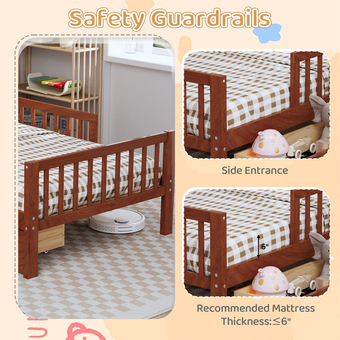 Bed With Headboard Storage Rack, 2 Under Bed Drawers, 3 Side Guardrails For Safety