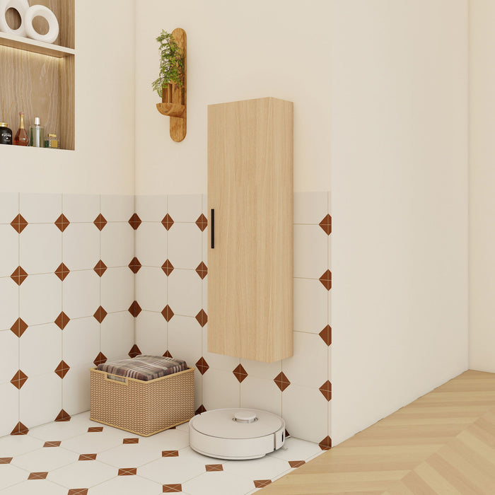Tall Floating Bathroom Side Cabinet, Wall Mounted Single Door Storage - Light Oak