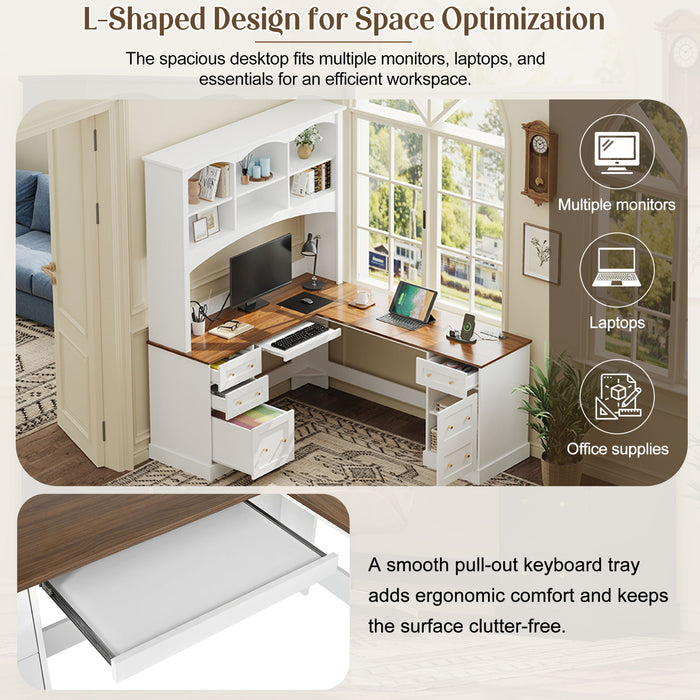 Space Saving L-Shaped Computer Desk With Keyboard Tray & Charging Stations