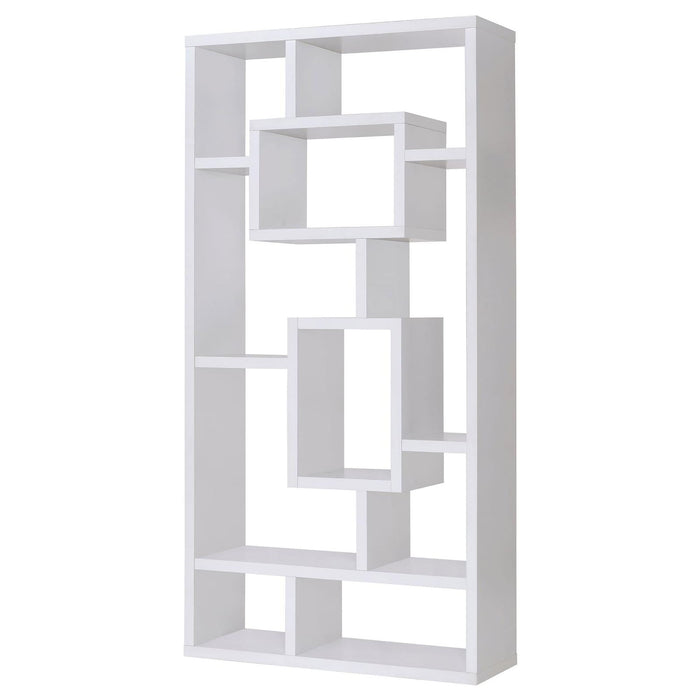 Geometric 10 Shelf Open Back Bookcase With Interlocking Shelves - White