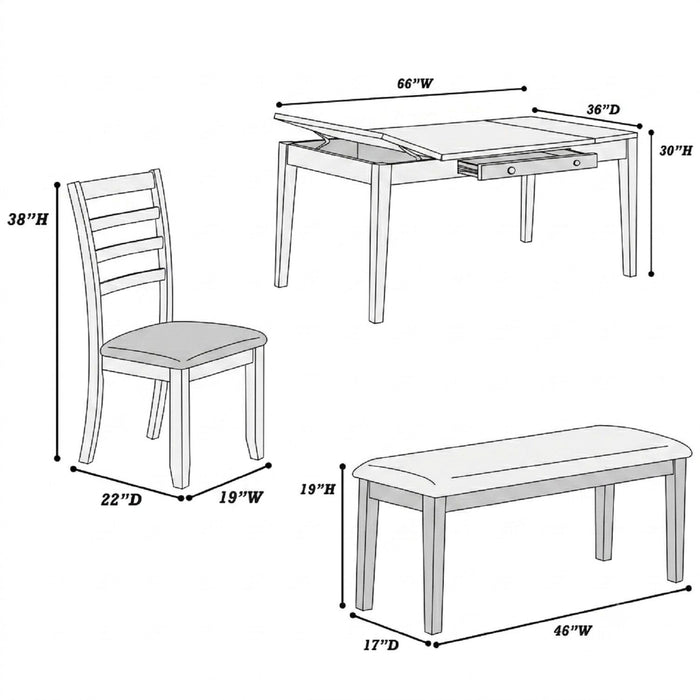 6 Piece Dining Set Table With Storage Ladder Back Chairs And Bench - Walnut