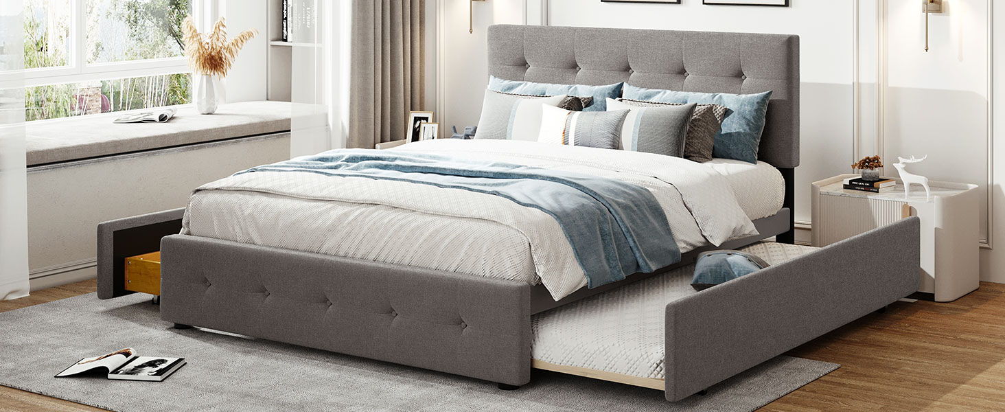 Upholstered Platform Bed With Classic Headboard And Drawers, No Box Spring Needed